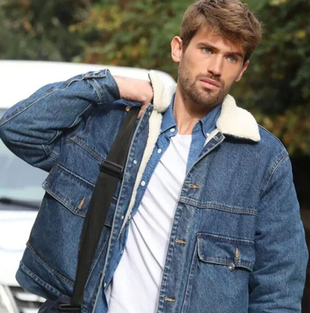 H&M Insulated Sherpa Collar Denim Trucker Puffer Jacket Jean Jacket, Blue